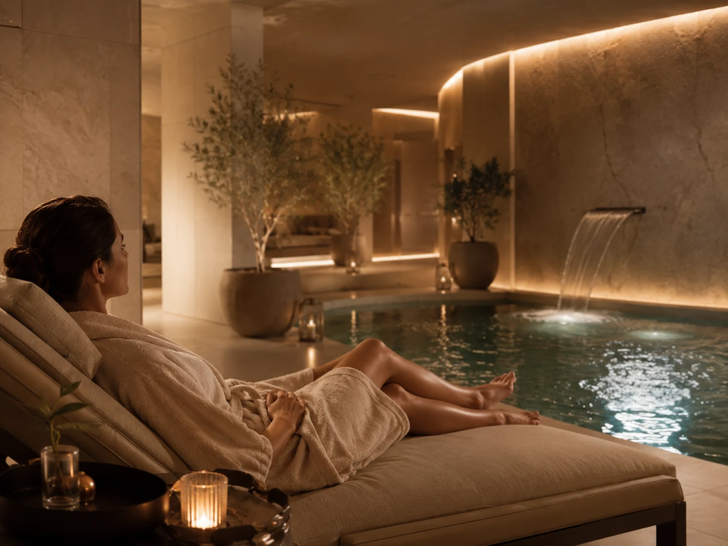 Luxury wellness spa con acqua, luce calda e atmosfera premium